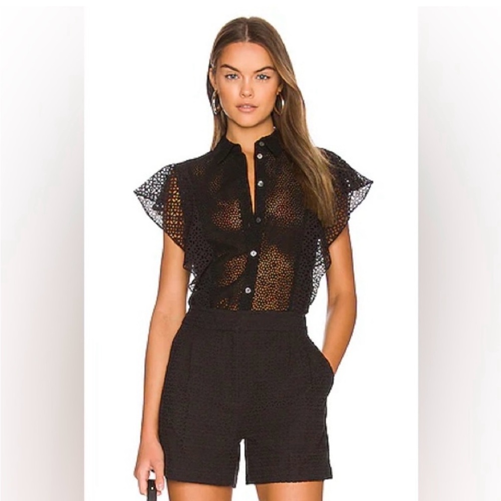 Theory Black Ruffled Cap Sleeve Blouse